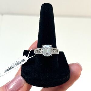 Emerald Cut CZ Stone Ring (Platinum-Over-Sterling-Silver)
